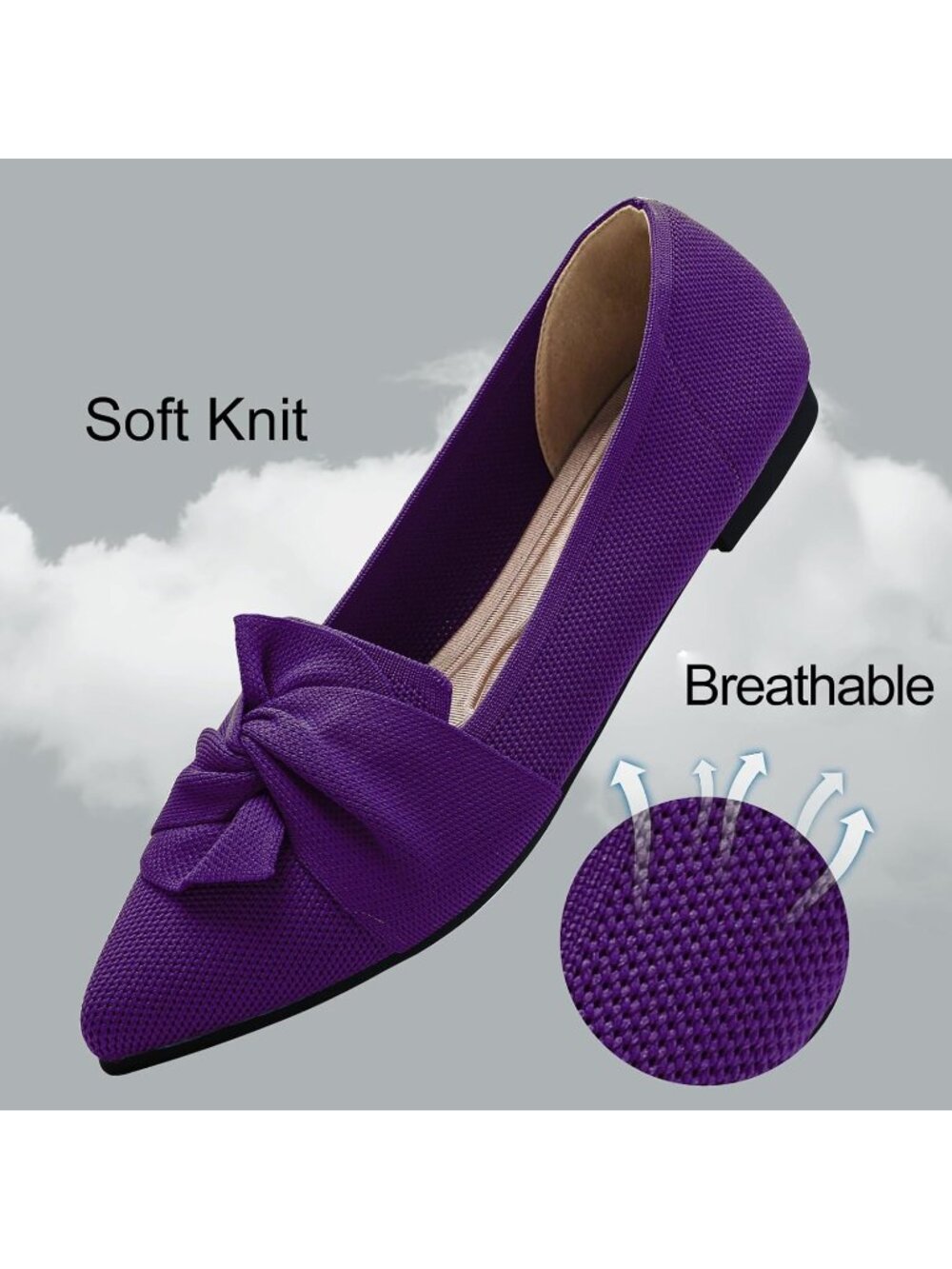 Women's Purple Pointed Toe Ballet With Bow Comfortable Knit Dressy Flats Shoes - Picture 5 of 7
